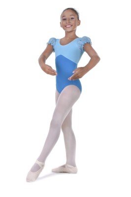 Girls bicoloured puff sleeved leotard pinched key hole